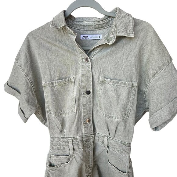 Zara Womens Short-Sleeve Button-Up Denim Romper Size S Light Gray Cotton Blend - Picture 4 of 10